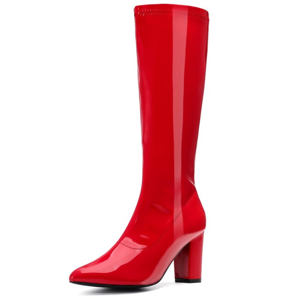 GoGo Boot Patent Leather Chunky Heels Knee High Boots Bright Red